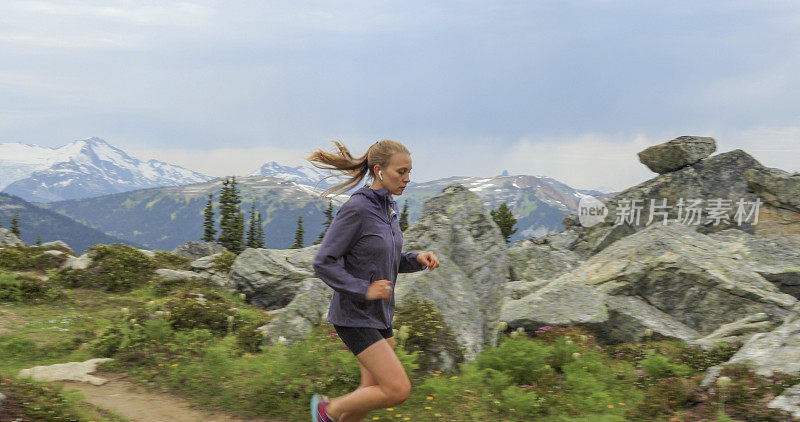 女性trail runner通过高山草甸跟随小路